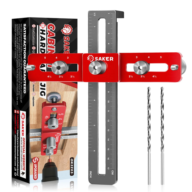 Saker Cabinet Hardware Doweling Jig,Adjustable Cabinet Template Tool for Knobs,Handles and Pulls,Self Centering Punch Locator Precise Woodworking Drill Guide for Drawer Cabinet Installation 6 Holes