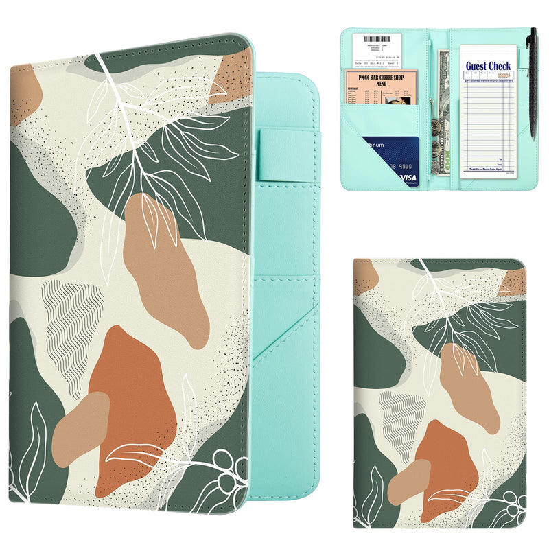 Server Book, PU Leather Server Books for Waitress, Waitress Book with 1 Zipper Pocket, Waiter Wallet with 9 Pockets and 1 Pen Holder, Server Note Pad Checkbook Fit Server Apron- Vector Leaves B