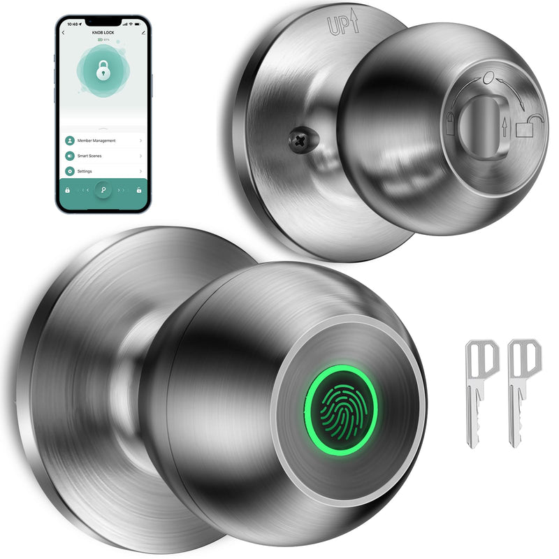 Fingerprint Door Lock，Smart Door Knob, Smart Lock Biometric Door Lock Fingerprint Door knob with App Control Suitable for Bedroom,Utility Room,Apartments Offices,Hotels(Silver) Silver