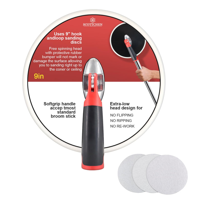 SCOTTCHEN Drywall Sander 9 Inch Radial Round Pole Sander for Dry Wall Include 3pcs Sanding Sheets 80，100，150 Grits Sanding blocks