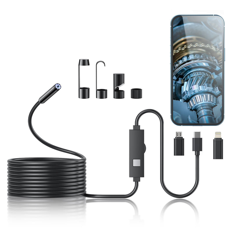 Endoscope Camera with Light, 1920P HD Borescope Tools with 8 Adjustable LED Lights, Endoscope with 16.4ft Semi-Rigid Snake Camera, 7.9mm IP67 Waterproof Inspection Borescope for iOS and Android-16.4ft 3 Interface 16.4ft