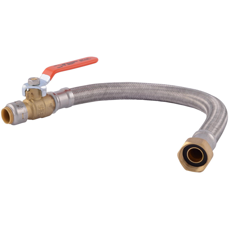 SharkBite Max 1/2 Inch Ball Valve x 3/4 Inch FIP x 18 Inch Stainless Steel Braided Flexible Water Heater Connector, Brass Plumbing Fitting, PEX Pipe, Copper, CPVC, PE-RT, HDPE, UR3068FX18BV 1/2 in.