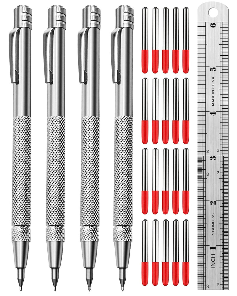Tungsten Carbide Scriber, Knurled Aluminum Handle, 4-Pack with Bonus Marking Tips and Steel Ruler, Ideal for Detailed Crafting and Carving