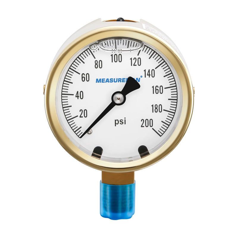 MEASUREMAN Fully Brass Hydraulic Glycerin-Filled Pressure Gauge, 2-1/2” Dial, 1/4” NPT Lower Mount, 0-200 PSI/KPA, for Measuring Non-Corrosive Gas and Liquid Pressure