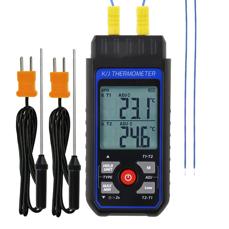 Thermocouple Thermometer Digital Dual Channels K/J Type Thermometer with 4 K-Type Thermocouples, -328~2501℉ Measuring Range Temperature Meter HVAC Thermometer with Alarm & ADJ Compensation Digital 2 Channels Thermometer