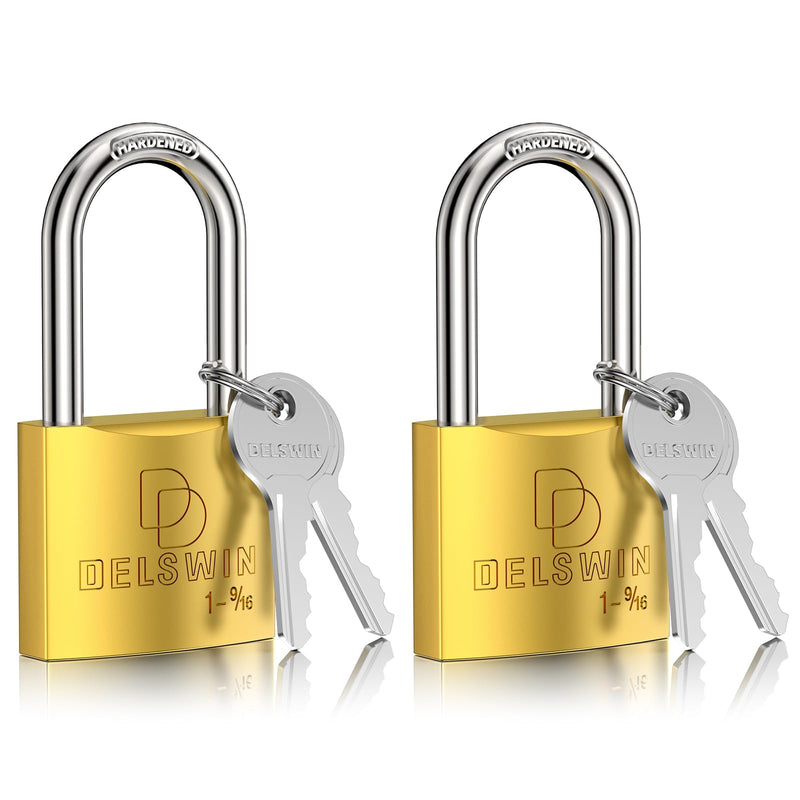 DELSWIN Weatherproof Padlock with Key - Heavy Duty Gym Locker Lock with 1-9/16" Solid Brass Lock Body, Hardened Steel Shackle, Marine Grade Pad Lock for Outdoor Gate, Fence, Shed (Keyed Alike, 2 Pack) 2Pcs Keyed Alike