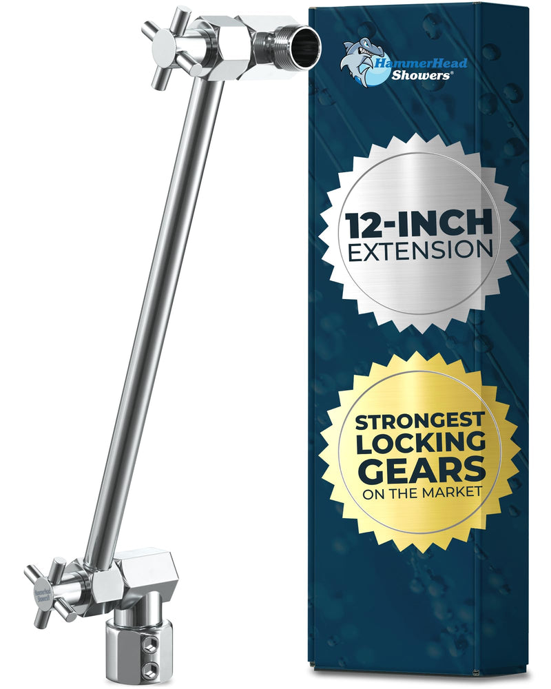 HammerHead Showers® ALL METAL 12 Inch Shower Head Extension Arm - Adjustable Shower Arm Extension Raises Showerhead Height - Shower Extender Arm Supports up to 10lbs — Chrome 12 Inches Polished Chrome