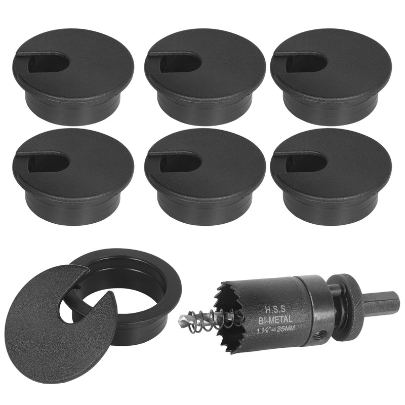 1-3/8" Black Desk Grommet with Bi-Metal Hole Saw, JTemgle Plastic Cable Hole Cover Computer Table Cord Wire Organizer Caps, Desktop Cord Management for Home Office TV Stands Tabletops, 7 Pieces 1-3/8" / 35mm