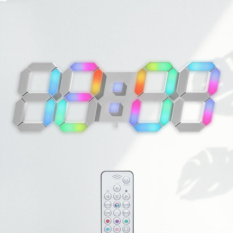 KOSUMOSU LED Wall Clock 15" RGB Digital LED Clock for Living Room Decor, Large Display Gaming Room Clocks, Dimming/12/24 Hr Time/Date/Temp/Remote (White Clock with Neon Light) 15in Wall Clock-neon Light