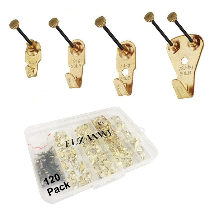 Picture Hangers, 120pcs Picture Hooks with Nails, FUZANWJ Picture Hanging kit, Wall Hangers, Wall Hanging Kit for Drywall/Wooden Wall, Holds 10-50 lbs Gold：10-50LBS