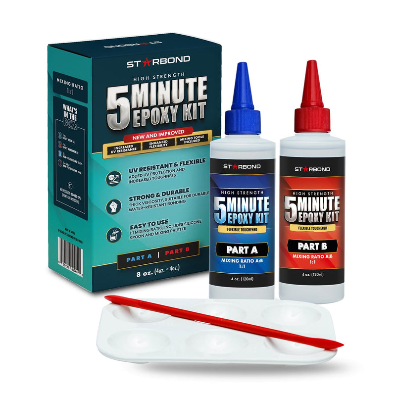 Starbond 5 Minute Epoxy Flexible-Toughened, UV-Protection Technology, Enhanced Durability Convenient Mixing Tools 2,600 lb Shear Strength, Quick Cure for Wood, Metal, Plumbing, Ceramic, 8 oz