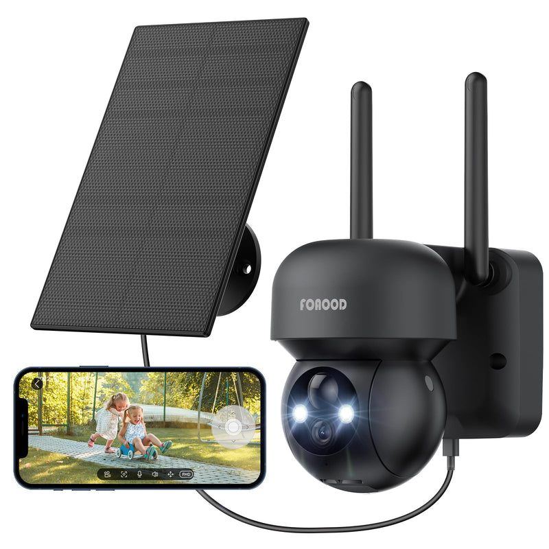 Solar Security Cameras Wireless Outdoor - Battery Power Cameras for Home Security Wifi Cameras Outside Surveillance Camera PTZ 360° Camera System with Floodlight Color Night Vision Motion Sensor Alarm 1Pcs-Black
