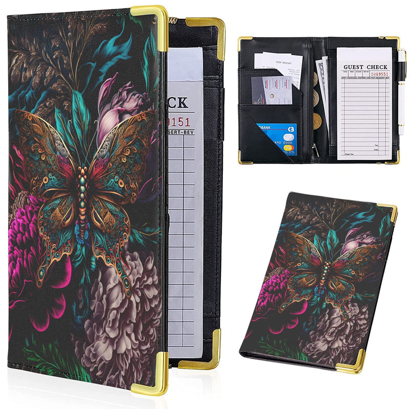 Waitress Book, Butterfly Server Books for Waitress with Zipper Pocket, Leather Server Book, Cash Check Bill Receipt Holder Presenter, Guest Book Note Pad Waiter Accessories Fit Server Apron Butterfly green