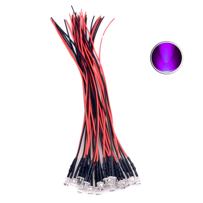 30pcs 12 Volt 5mm Flat top UV Purple LED Lights Emitting Diodes Pre Wired 7.9 Inch DC 12V LED Light Water Clear Lens Small LED Lamps (5mm Flat top, UV 395nm (30pcs)) UV 395nm (30pcs)