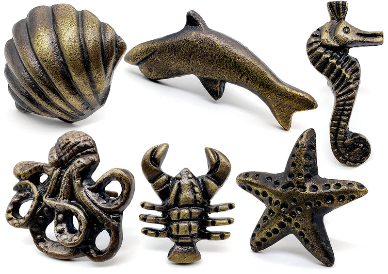5MOONSUN5's Ocean Theme Cast Iron Door Knobs/Drawer Pulls Dresser Door Knobs for Cabinets, Wardrobes & Kitchen Cupboards/Pull and Push Handle Knobs Handmade Classic Hardware Decor Set of 6