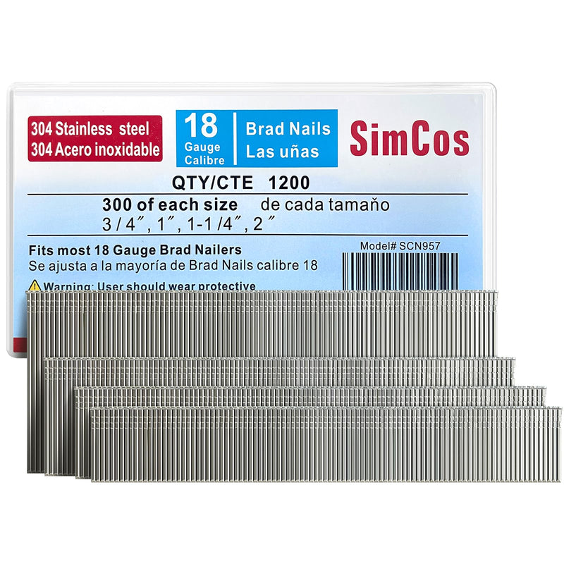 18 Gauge 304 Stainless Steel Brad Nails (2",1-1/4" 1", 3/4"), Assorted 1200 Counts for 18 GA Pneumatic or Electric Brad Nailer or Brad Nail gun,Project Pack