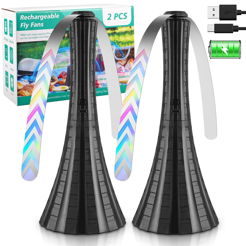 Fly Fans for Tables Rechargeable, 1800mah Table Fans to Keep Flies Away by Soft Blades, Fly Repellent Outdoor Patio, Camping Picnic Essentials, BBQ Party Supplies for Food, 2pcs Black