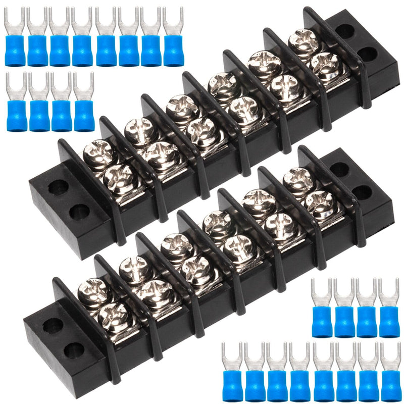 MILAPEAK Terminal Block - 2 Pack 6 Positions 200v-450v 20-30A Dual Row Screw Terminals Strip + 24 PCS Copper Wire Fork Connectors 20 Amps 6 Circuits