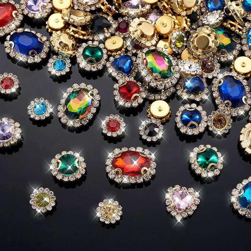 160PCS Sew on Rhinestones for Jewelry Costumes with Light Gold Plated Claws Sewing Glass Crystals Gems for Necklaces Brooches Dress Hair Bows Hats Decor Assorted Shapes