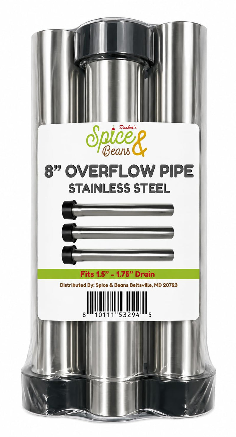 Stainless Steel Bar Sink Overflow Pipe 8 Inch | 3 Pack | 1.5 Inch Drain Diameter | Sink Overflow Drain Pipe | Bar Sink Drain Replacement & Overflow Repair | Dasher's Spice & Beans