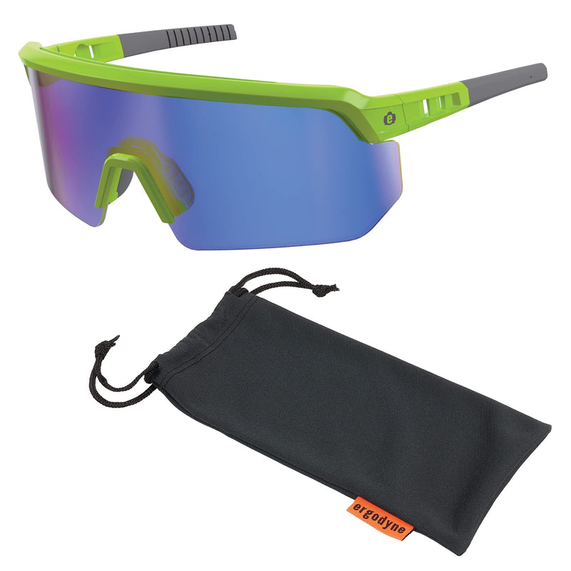 Ergodyne Skullerz AEGIR Safety Sunglasses, Mirrored Lens, ANSI z87.1 Lime Frame, Blue Mirror Lens