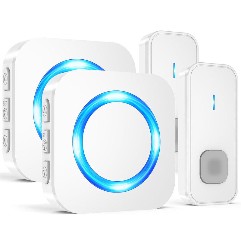 SURFOU Wireless Doorbell,Waterproof Doorbell 2 Push Buttons 2 Plug in Receivers at 1300ft Long Range Door Bell with 55 Chimes 5 Volume Levels Mute Mode LED Flash Wireless Door Bells for Home Classroom 2 transmitters + 2 receivers