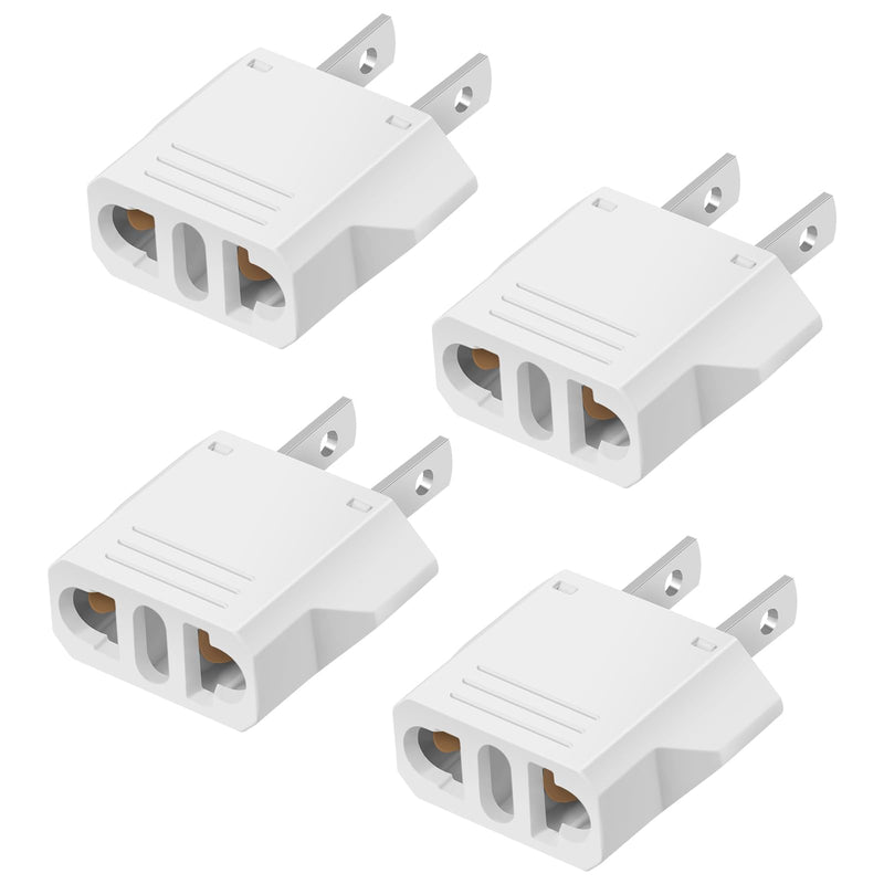 4 Pack Europe to US Plug Adapter, Plug Adapter European to American, 220v to 110v Adapter Plug Converter, EU to US Plug Adapter, Power Travel Adapters European to American 4 White