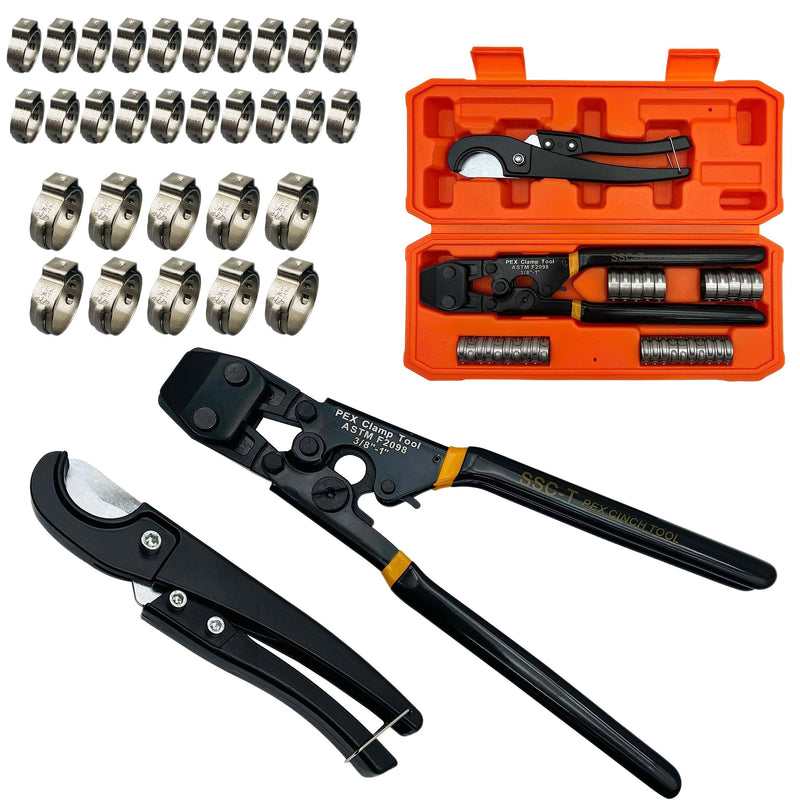 PEX Pipe Clamp Cinch Tool Crimping Tool Crimper for Stainless Steel Clamps from 3/8-inch to 1-inch with 1/2-inch 20PCS and 3/4-inch 10PCS SS PEX Clamps,with Pipe Cutter in Plastic Box CH-T-PBOX
