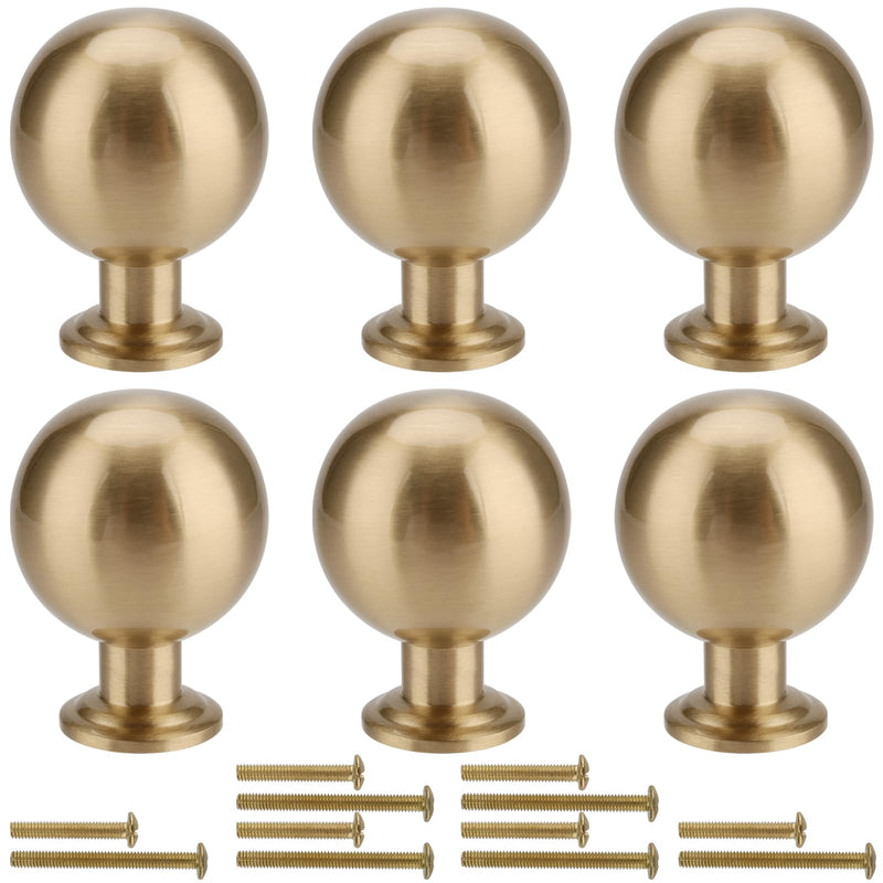 HAKZEON 6 Pack 1 Inch Diameter Solid Brass Cabinet Knobs, Round Ball Champagne Cabinet Knobs Sphere Pulls Brushed Brass Finish for Drawers Wardrobes Dresser