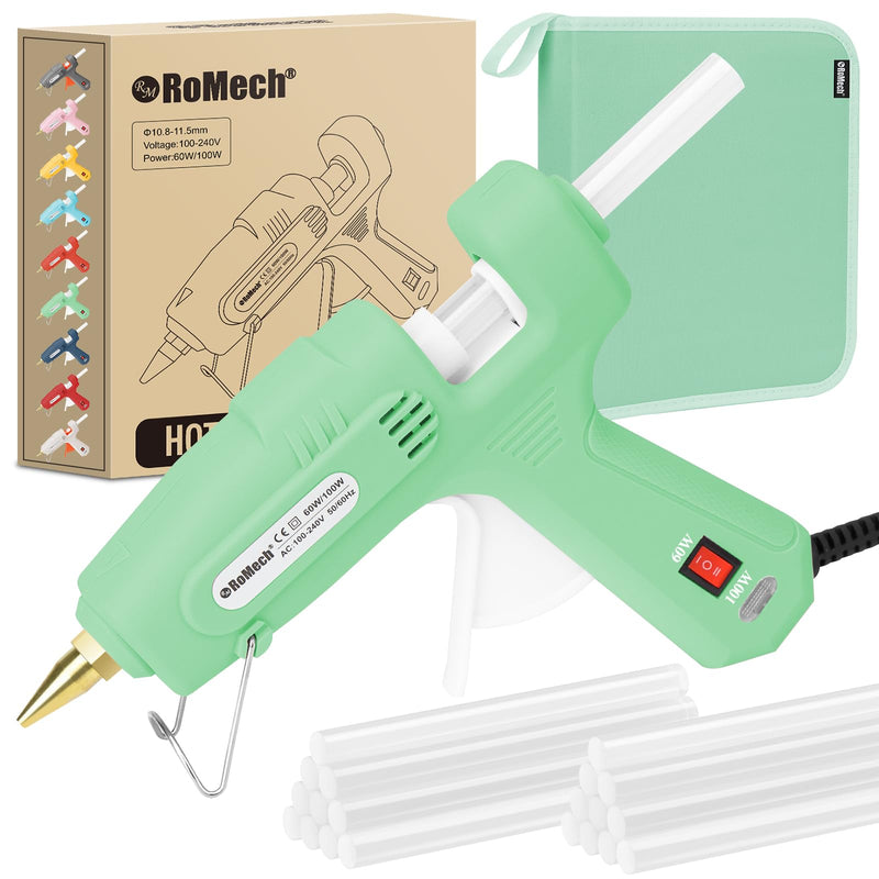 ROMECH 60/100W Dual Temp Hot Glue Gun and Sticks Set, Full Size with Case Light Green