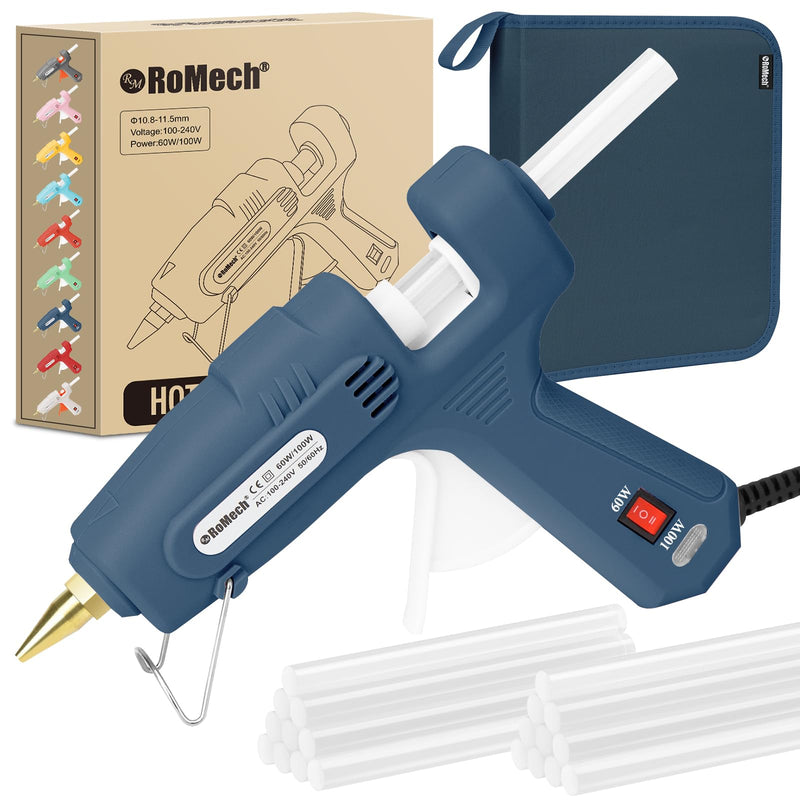 ROMECH 60/100W Dual Temp Hot Glue Gun and Sticks Set, Full Size with Case Blue