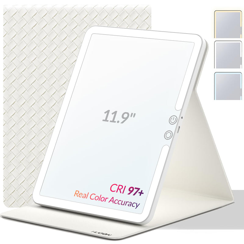 Travel Makeup Mirror with Lights, Portable Lighted Vanity Mirror with 100 LED, Rechargeable, Foldable for Tabletop, 11.9 inches, White 10"L x 7.5"W Woven White