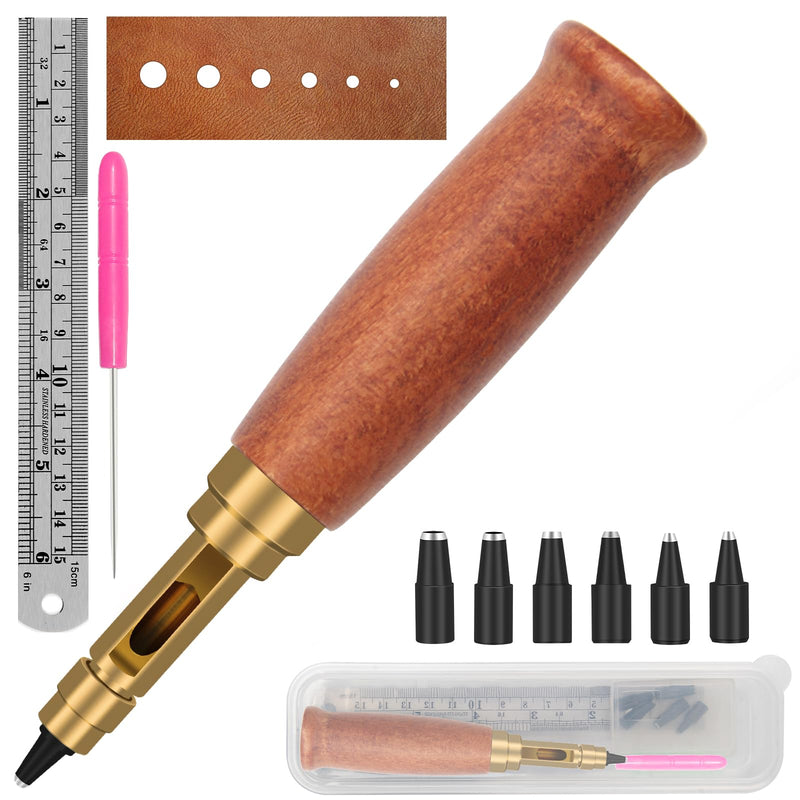 Japanese Screw Punch, Boyistar Wood Handle Belt Hole Puncher, Adjustable Leather Hole Punch Tool (Brown) Brown
