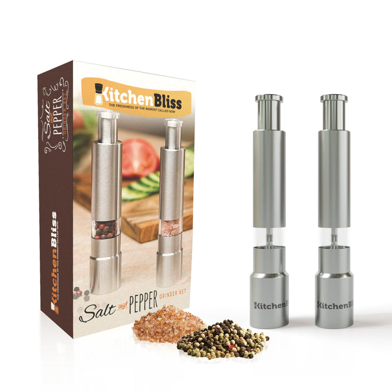 Modern Thumb Click Salt and Pepper Grinder with Refillable Peppermill - Perfect for Himalayan Salts, Black Pepper, Sea Salt, Peppercorns, Spices Push Button for 1 hand operation (set) Stainless Steel Set