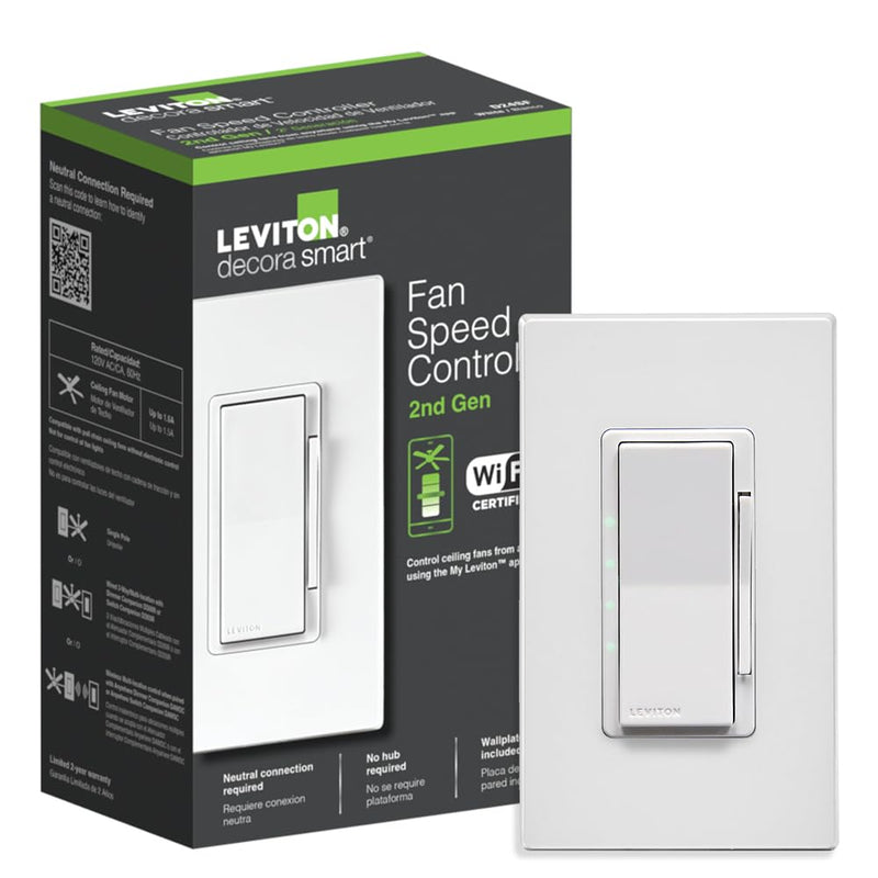 Leviton Decora Smart Fan Speed Controller, Wi-Fi 2nd Gen, Neutral Wire Required, Works with My Leviton, Alexa, Google Assistant, Apple Home/Siri & Wired or Wire-Free 3-Way, D24SF-1RW, White - NewNest Australia