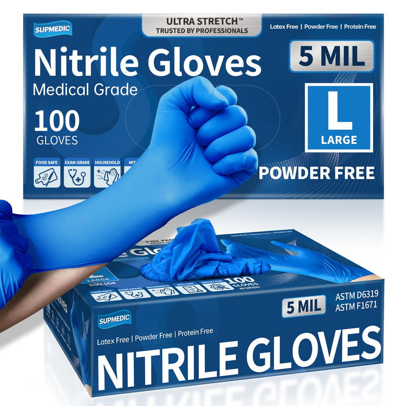 Medical Nitrile Exam Gloves, 5 mil Chemo-Rated Powder-Free Food Safe Cleaning Disposable Glove Blue 100/1000Pcs Blue (Large 100)