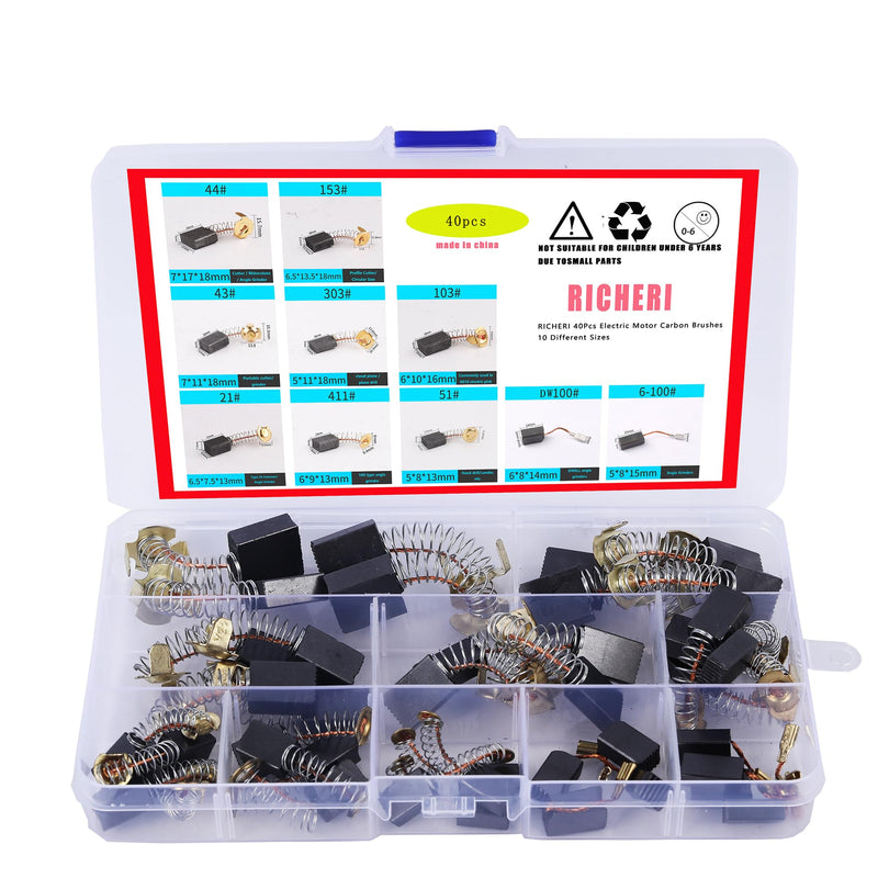 40Pcs Electric Motor Carbon Brushes 10 Different Sizes for Replacement Repair Power Tool Part 40PCS 40