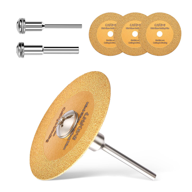 LitKiwi Mini Glasses Cutting Disc,1mm Ultra-Thin Diamond Cutting Blade Wheel,with 2 Sizes Round Mandrels,for Cutting Glass, Jade, Crystal, Ceramics and etc. 3PCS Diamond Blades & 2PCS Round Shanks