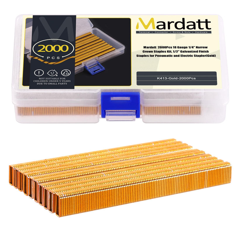 2000Pcs 18 Gauge Narrow Crown Staples, 1/2" Galvanized Finish Staples Heavy Duty Narrow Staples for Pneumatic or Electric Stapler(Gold) 1/2"