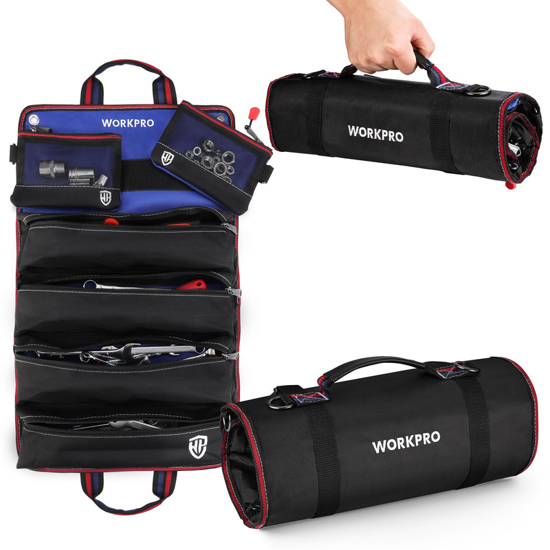 WORKPRO Roll Up Tool Bag, Tool Roll Up Bag with Detachable Tool Pouches, Heavy Duty Tool Bag Organizer with 6 Pockets, Tool Roll Organizer for Mechanic, Electrician, Plumber and Carpenter Black