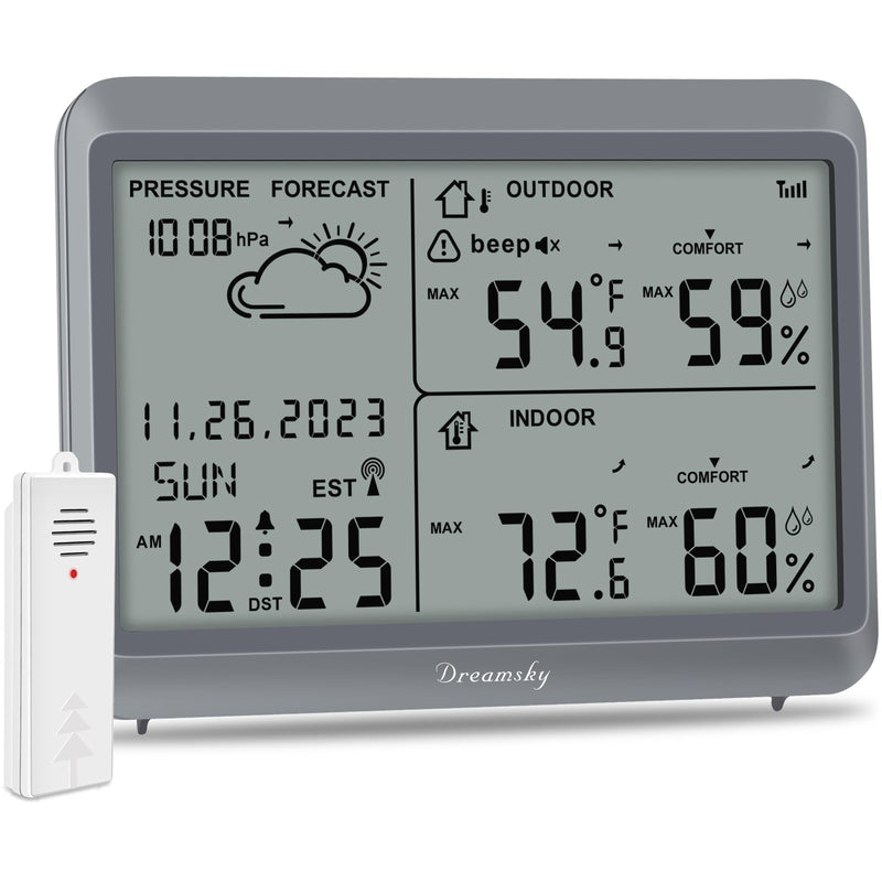 DreamSky Weather Station Indoor Outdoor Thermometer Wireless - Atomic Clock with Indoor/Outdoor Temp, Date & Day, Battery Powered, Home Weather Forecast Clock with Inside Outside Temperature Humidity Grey