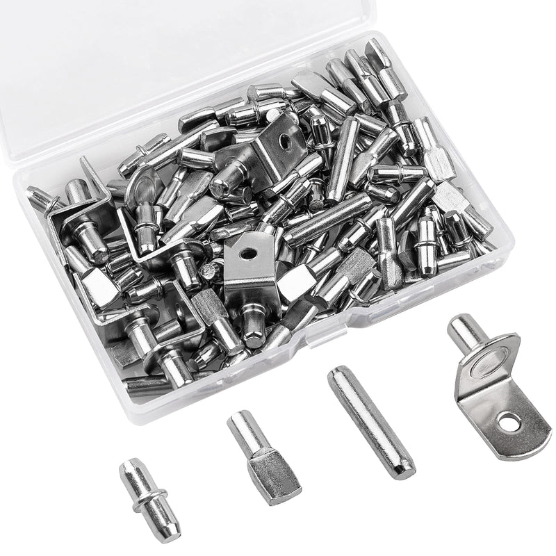 104 Pcs Shelf Pegs Kit, Upgraded Shelf Pins 4 Styles, 5mm & 1/4inch Nickel Shelf Support Pegs, Cabinet Shelf Pegs for Shelves, Shelf Support for Bookshelf Kitchen Cabinet Shelf Pegs.