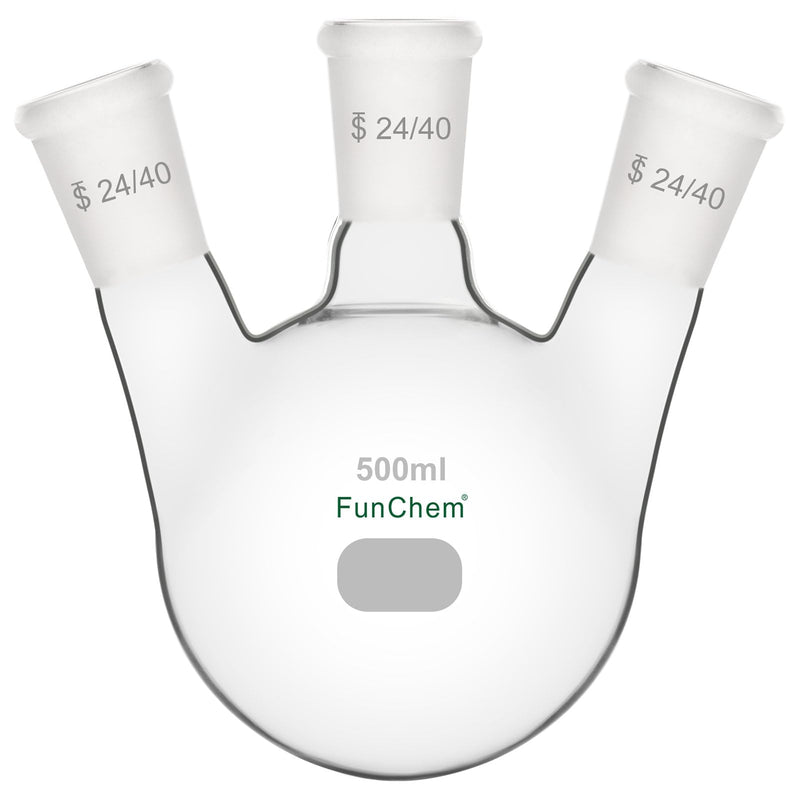 FunChem Three Necks Round Bottom Flask RBF, Glass 3-Neck Boiling Flask with 24/40 Standard Taper Outer Joint, 500 ml