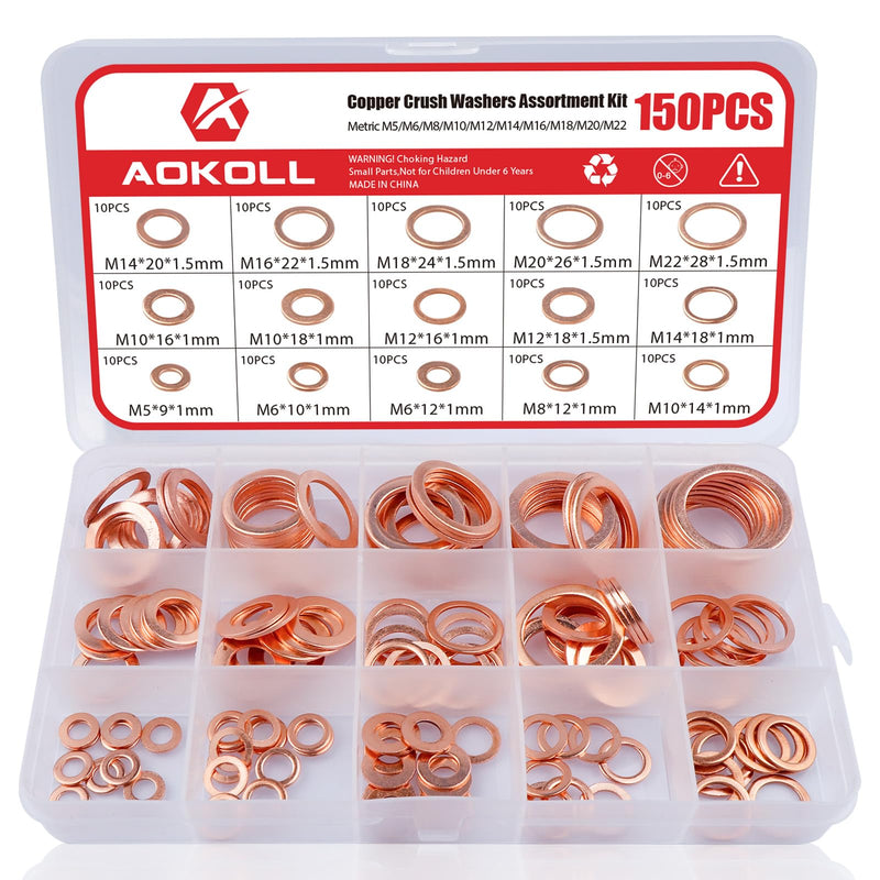 150Pcs Copper Sealing Washers M22 M20 M18 M16 M14 M12 M10 M8 M6 M5 15 Size Crush Washers Assortment Kit (Copper)