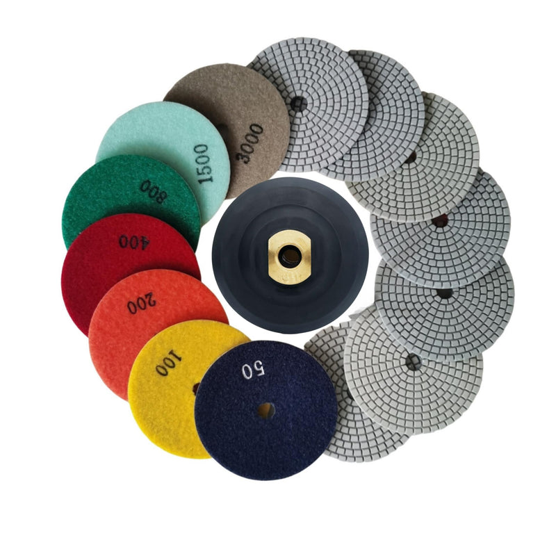 4 Inch Wet Dry Diamond Polishing Pads Set with 5/8-11 Rubber Backer Pads for Marble Quartz Stone Countertop Granite Concrete Polishing 7 pcs 50-3000 Grit Resin