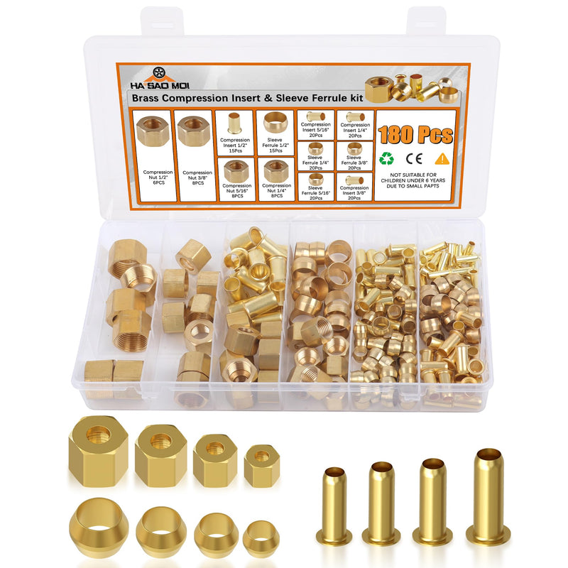 180PCS Compression Fittings Assortment kit - 4 sizes (1/4", 3/8", 5/16", 1/2") of Brass Compression Sleeve Ferrule, Insert and nuts - used to connect lines for air,water,fuel,oil and inert gases 180pcs 4 Size Kit - NewNest Australia