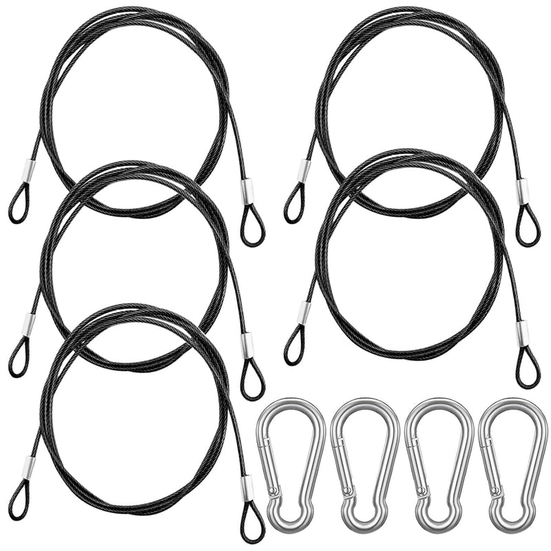 5 Pack 40 Inch(100cm) Stainless Steel Tethers with 4 Pcs Spring Snap Hook Clips, Steel Wire Cable with Loops Vinyl Cover Coated Short Rope Lanyard Lock Tether Chains, Black 5p-100cm-black