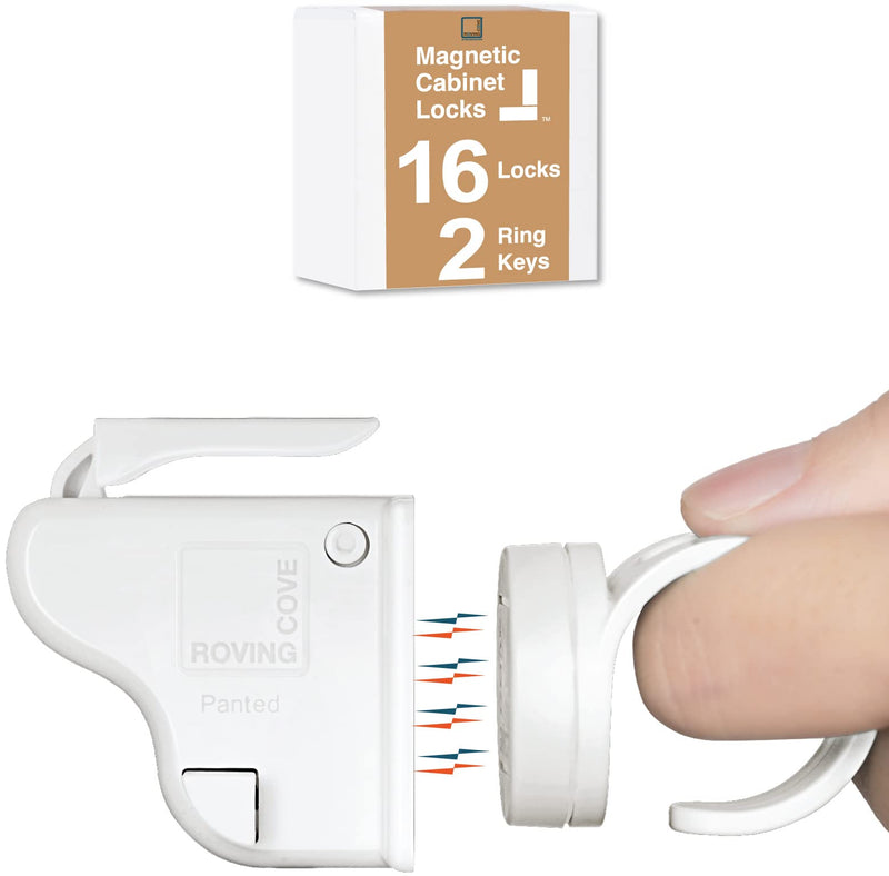 RovingCove Ergonomic Magnetic Cabinet Baby Locks 16-pk, Child Proof Drawer Cupboard Latches, Adhesive, Easy Install with Starter Tape System, 16 Locks 2 Ring Keys 16 Count (Pack of 1) Ivory