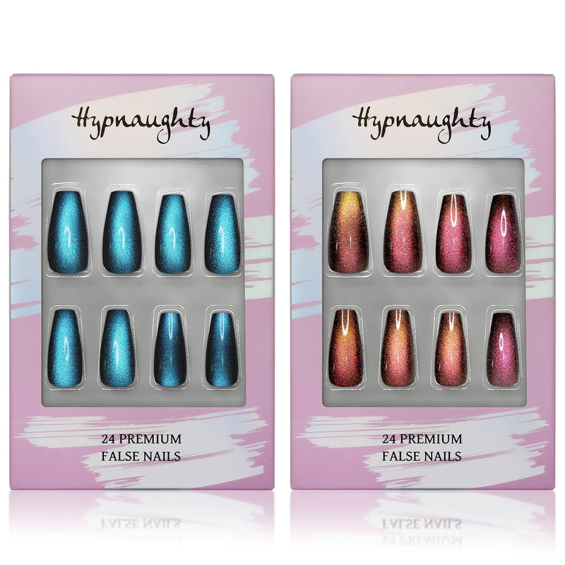 Hypnaughty Press On Nails - Ocean & Galaxy Cat Eye Coffin, Trendy & Salon Quality Reusable Nails With Kit