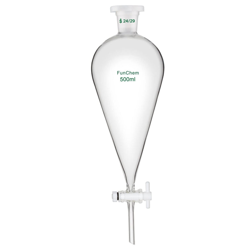 FunChem Conical Separatory Funnel 500 mL with 24/29 Joints and PTFE Stopcock, Borosilicate Glass Separating Funnel Heavy Wall Design 500.0 milliliters Oval 1 YQ-SeparatoryFunnel-500ML